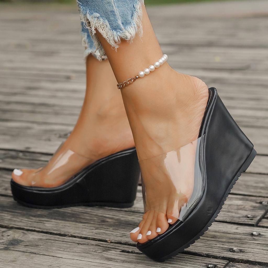 43 Damen Sandalen Sommer Mode Keilabsatz wasserdicht Tisch Europäisch und Amerikanisch sexy transparent Keilabsatz Damen Hausschuhe