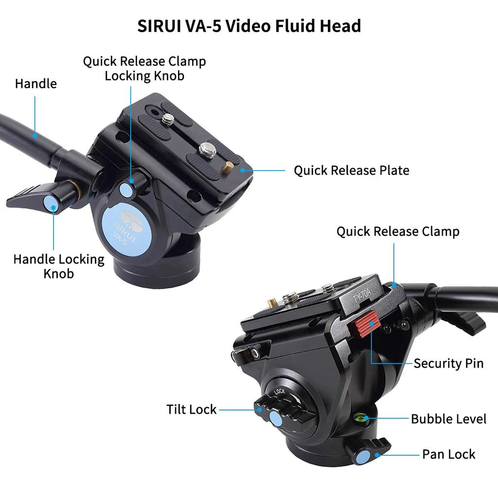 SIRUI Carbon Fiber Tripod with Fluid Video Triangular Center Waterproof Travel Travel Tripod for 4 Load lbs ST-125+VA-5 Head, Column, Tripod, Camera,