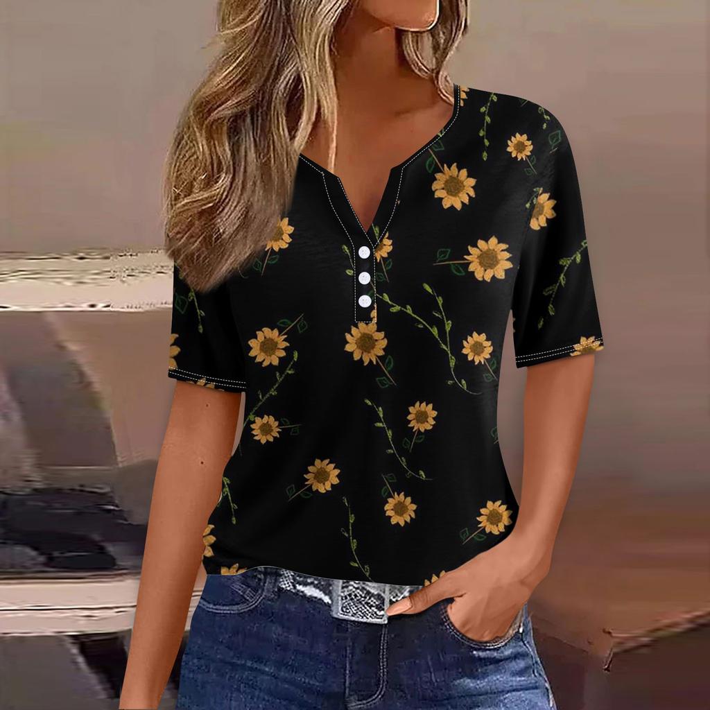 T-tröja för kvinnor med kortärmad knapptryckning för daglig helgmode Basic V-hals vanlig topp
