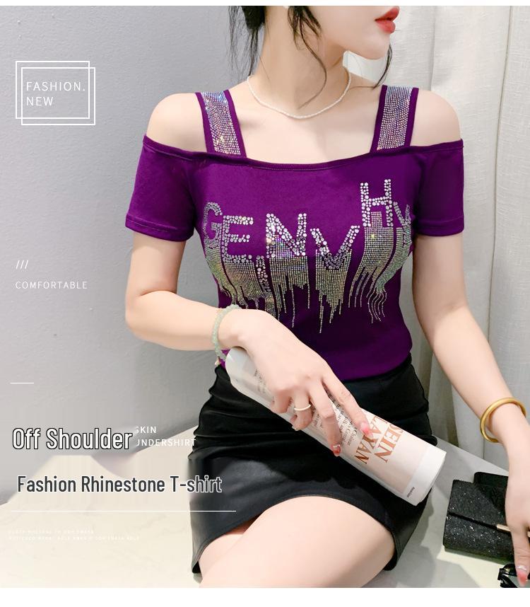 Vară 2024 Bluză cu straturi duble din mătase de gheață cu strasuri, cu umerii goi și spate gol