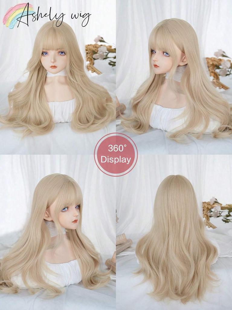 Synthetic Heat-Resistant Long Natural Wave Blonde Wigs with Bangs 24 Inches LongFor Daily Use Natural Realistic False Hairpiece