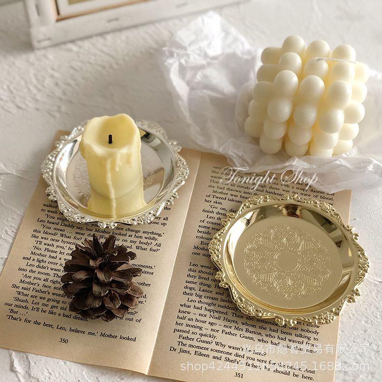 Retro Carved Metal Tray: Aromatherapy Candle Holder or Jewelry Display in Palace Style for Cafe Decor or Photo Props.