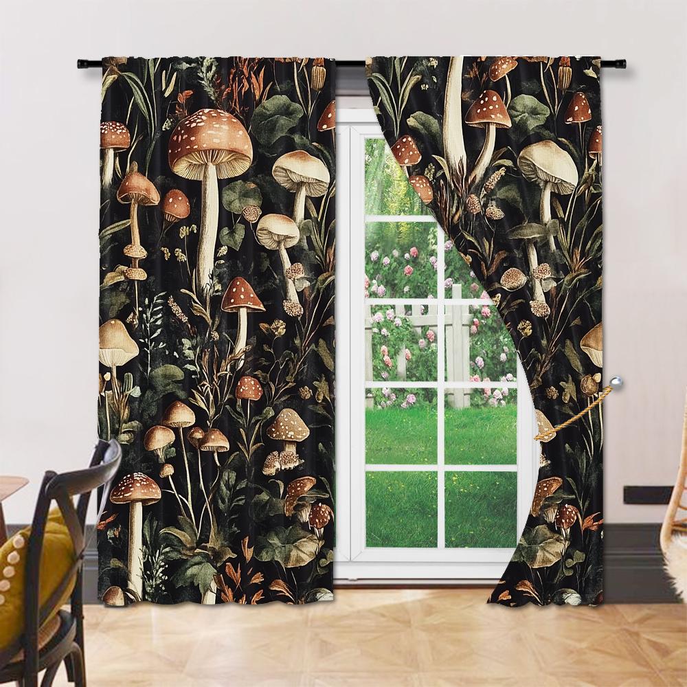 2 Pcs, Versatile Polyester Transparent Curtains for Home Decoration Boho Mushroom Pattern for Use In Bedrooms and Living Rooms