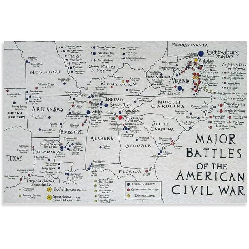 JGJKAOIY American Civil War Battles Hand Drawn Map Canvas Poster Wall Art Bedroom Home Aesthetic Decoration Gift 08x12inch(20x30cm) 12L x 8W