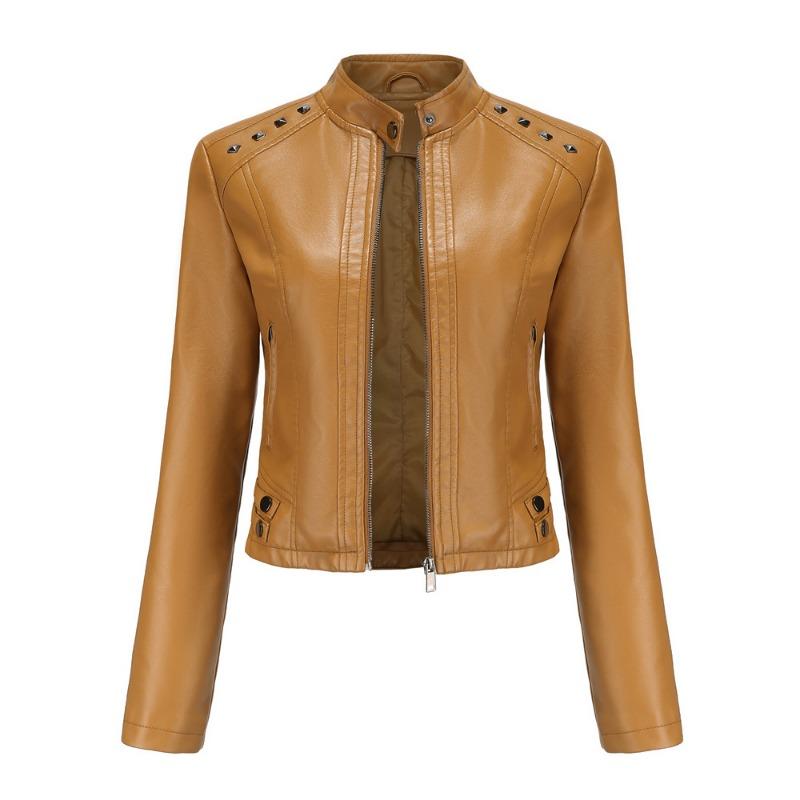 Women's New Rivet Leather Jacket Women's Spring and Autumn Jacket Long Sleeve Women's Jacket Stand-Up Collar Fashion Jacket -