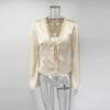 Women Elegant Satin Blouse Lace V Neck Flare Sleeve Silk Shirt Casual Solid Color Tie Front Top Vintage Office Ladies Blouse Party Clubwear