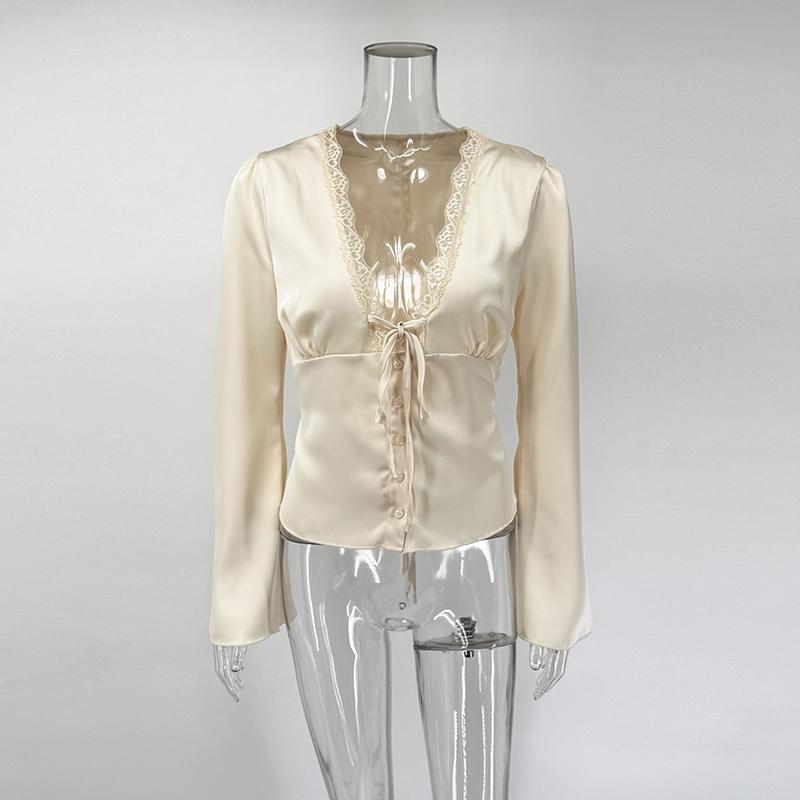 Women Elegant Satin Blouse Lace V Neck Flare Sleeve Silk Shirt Casual Solid Color Tie Front Top Vintage Office Ladies Blouse Party Clubwear