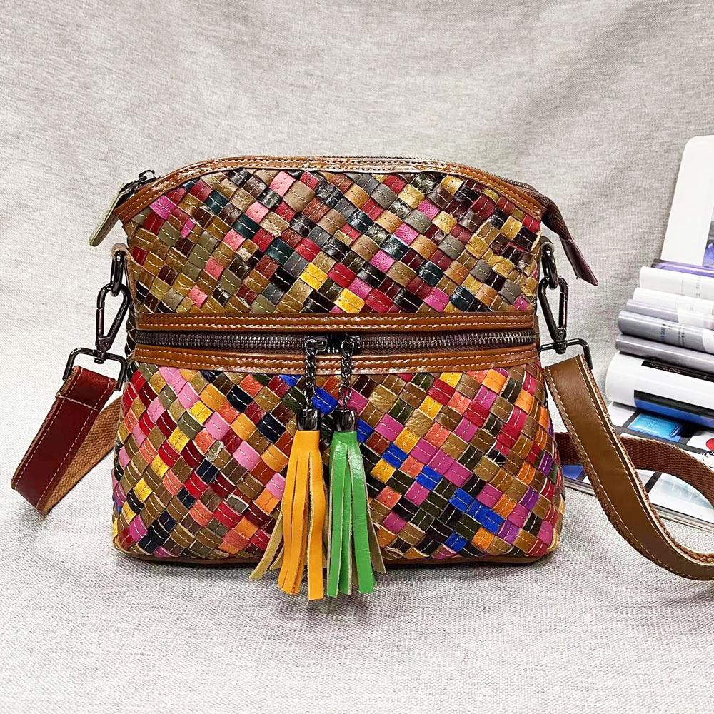 Leder Damentaschen Retro Leder Messenger Bags Handgewebte Taschen Kontrastfarbene Umhängetaschen Damentaschen