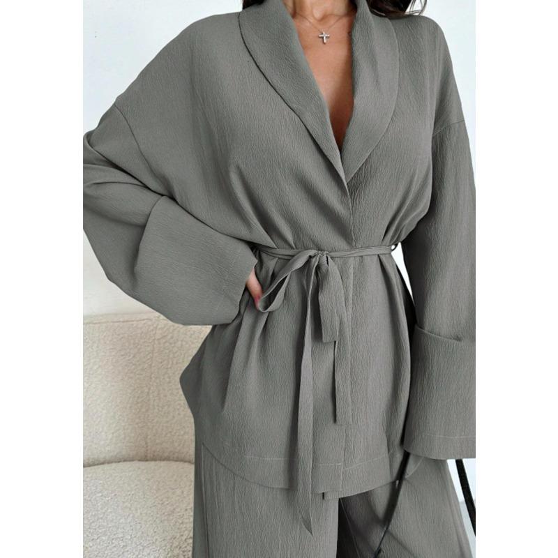 Women's V Neck Long Sleeve Top and Wide Leg Pants Two Piece Set Loose Casual Autumn Outfit