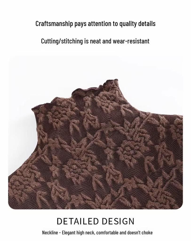 Women's High-Neck Lace Jacquard Base Layer Top - Fleece or Thin-Lined for Autumn & Winter Warmth.