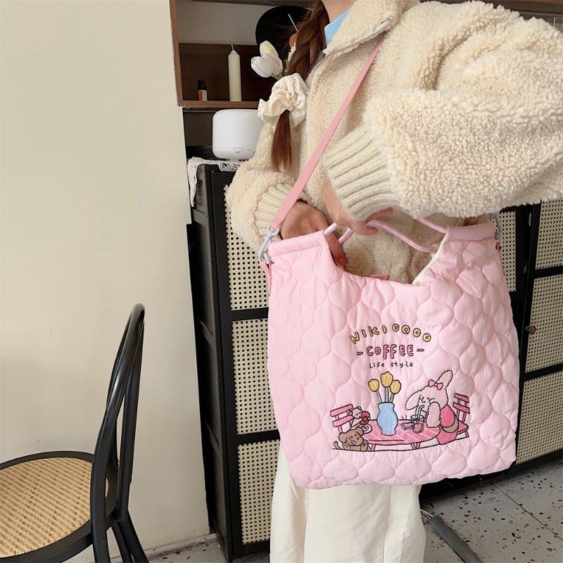 23 quilted soft messenger bag large capacity portable shoulder bag cartoon embroidered rabbit student handbag