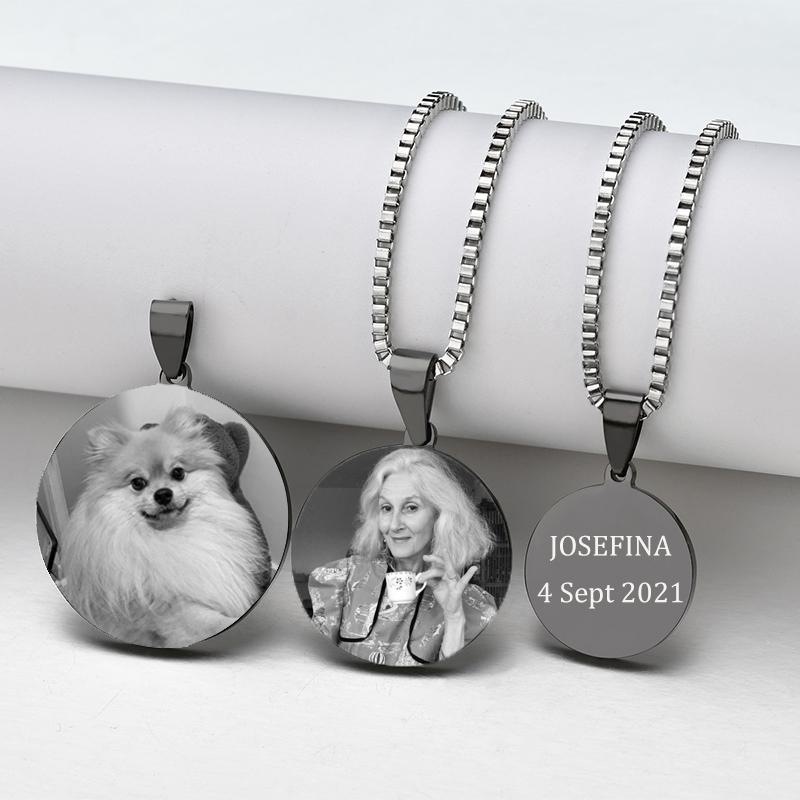 Atoztide Personalized Round Brand Engrave Name Necklace Stainless Steel Words Letter Picture Box Chain Birthday Jewelry Gift