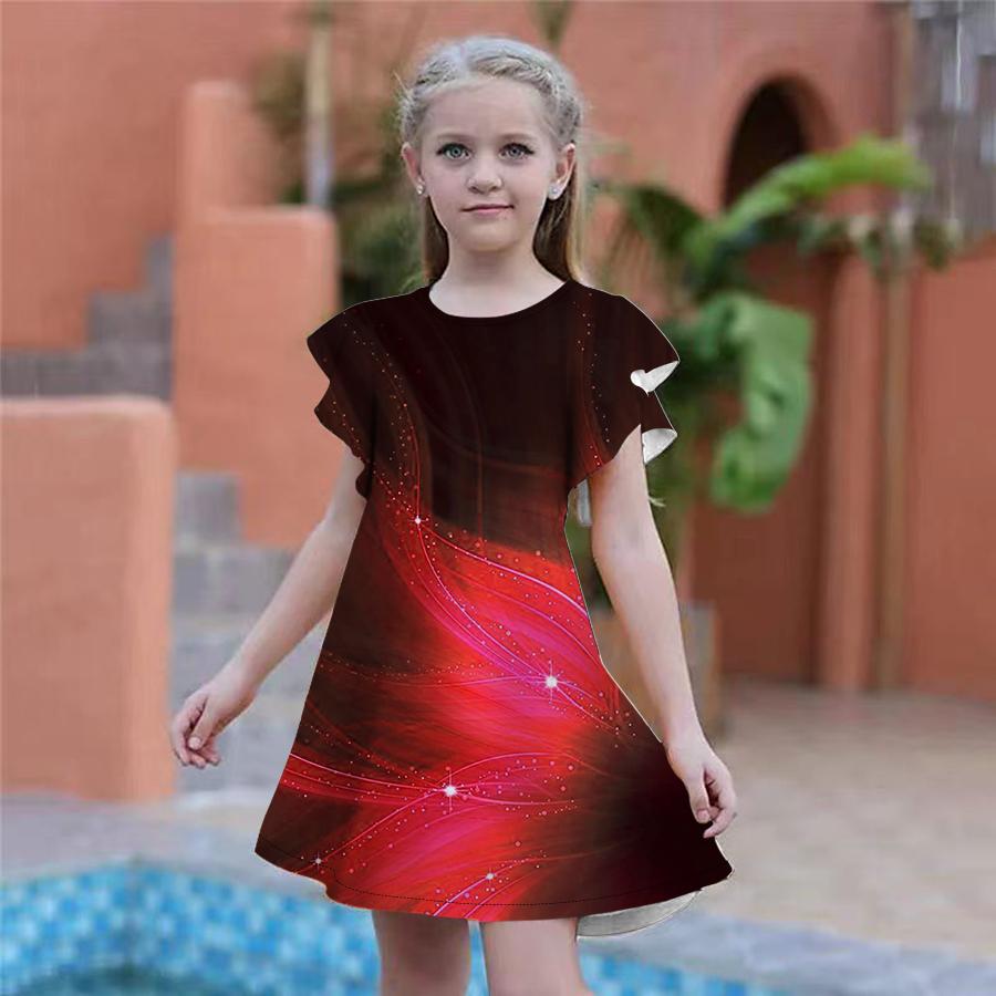 Girls Blue Petals Print Dresses Kids Girl Party Dress Loose Fitting Loose Fitting Short Sleeved Skirt For Girls Over Four Years Old