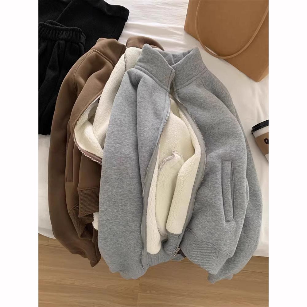 Veste Sweat-shirt en Velours Épais Col Zippé Chaud Décontracté Automne Hiver Style Coréen Navette Polyvalent Femme