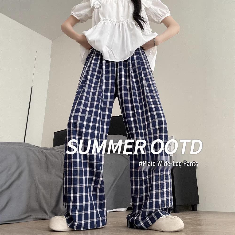

Women s Summer 2026 Dark Blue Plaid Wide-Leg Ice Silk Pants with Good Drape and Straight Leg Design by Yamamoto. Extra Large темно-синий