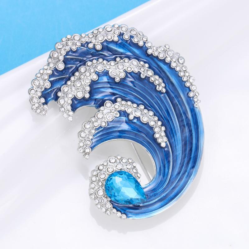 Wuli&baby Blue Ocean Wave Brooch Quality Enamel Crystal Women Brooch Pins Individual Jewelry Accssory