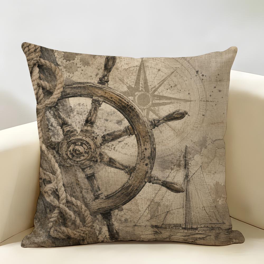 Gray-brown Sailing Anchor Shape Cushion Cover Natural Linen Organic Fabric Double-Sided Printing Breathable For Home Decor