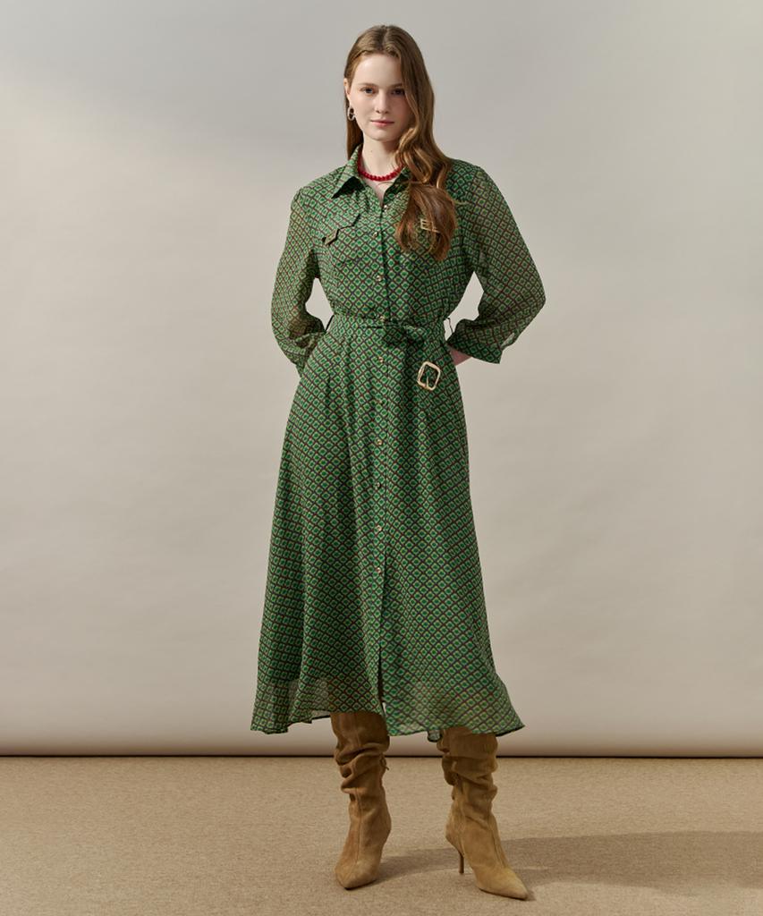 Maja Geometric Chiffon Belted Shirt Dress