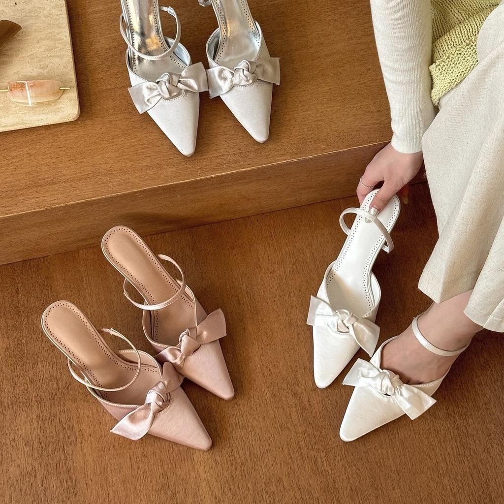 Premium white moonlight! Satin white pointed head bow high heels women's empty sandals