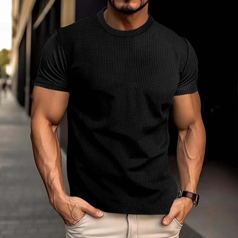 Men Waffle Knit T Shirt Crew Neck Short Sleeve Solid Color Slim Fit Casual Breathable Top