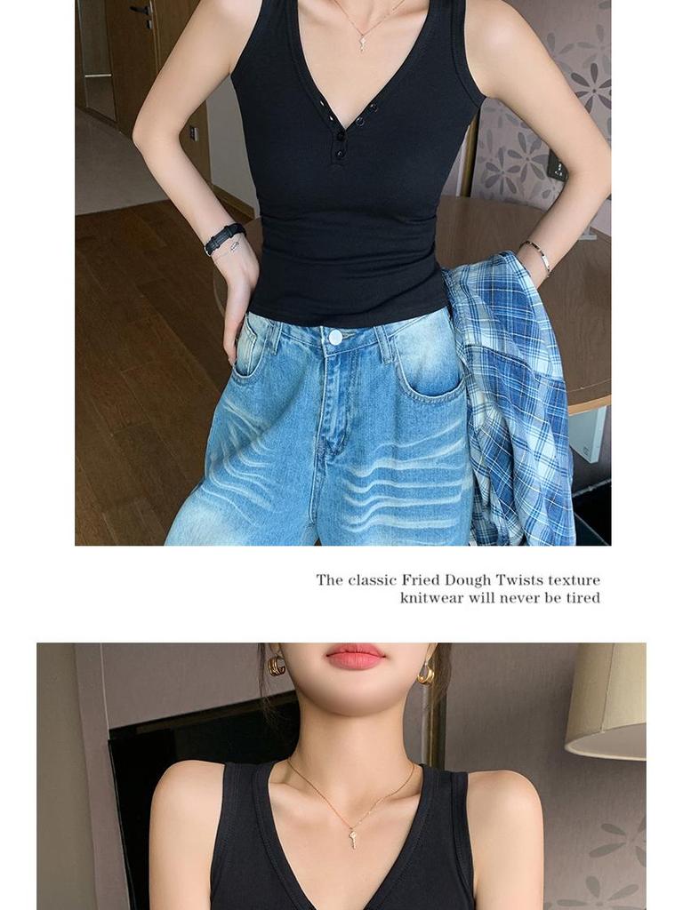 K3019 Threaded Button V-Neck Camisole - Women's Slim-Fit Cotton Top, Spring/Summer Style