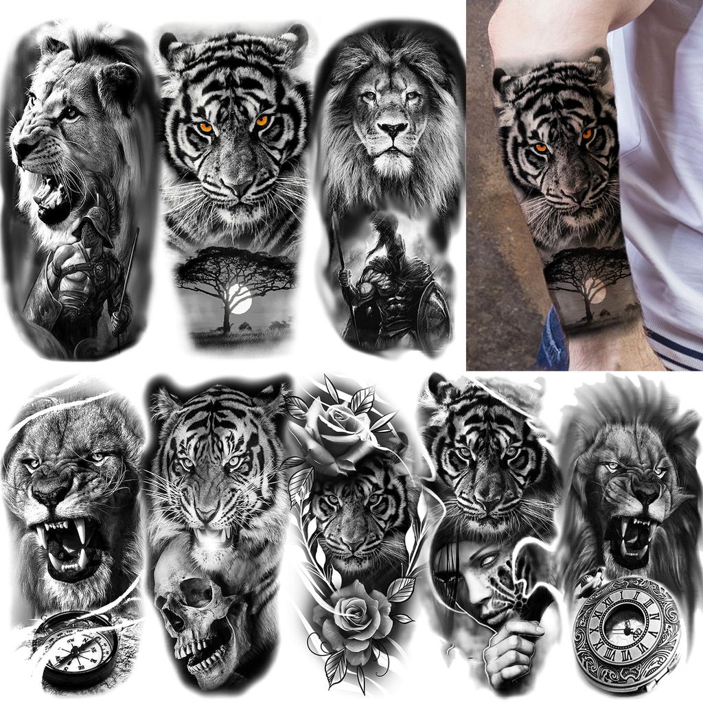 1 Sheet Realistic Fake Lion Tiger Temporary Tattoos For Men Women Adults Arm Leg Black Animals Body Art Decoration Tatoo Paper