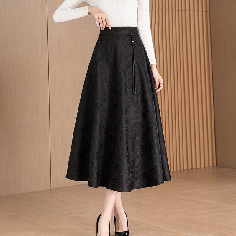 National Style New Chinese Style Skirt Women Spring New Mid-length Jacquard High-waisted A-line Temperament Slim Umbrella Skirt