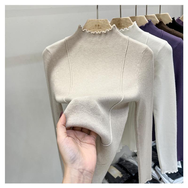 Wood ear edge knitted sweater women's solid color sweater autumn and winter new high-end slim-fit semi-turtleneck bottoming shirt