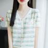 Summer Thin V-neck Short Sleeved Cardigan T-shirt for Women Slim Knitted T-shirt