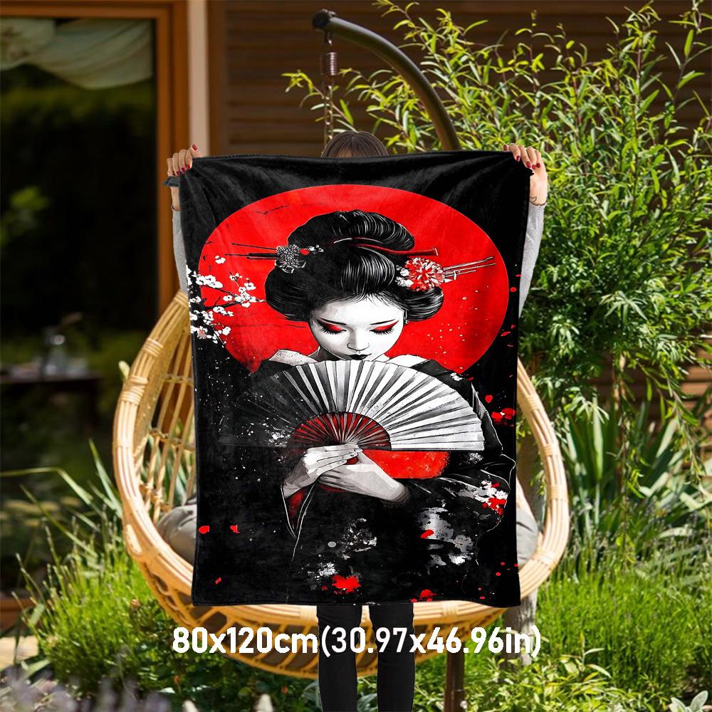 1pc Geisha Sakura Outdoor Flannel Blanket Soft Warm All-Season Throw for Sofa Bed Car Camping Office, Cozy Gift Idea1182S