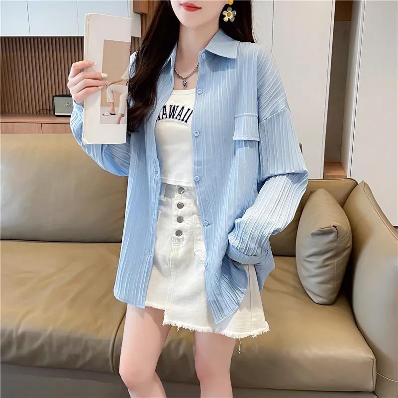 Women's Pleated Oversized Shirt Long-Sleeve Casual Button-Down Blouse