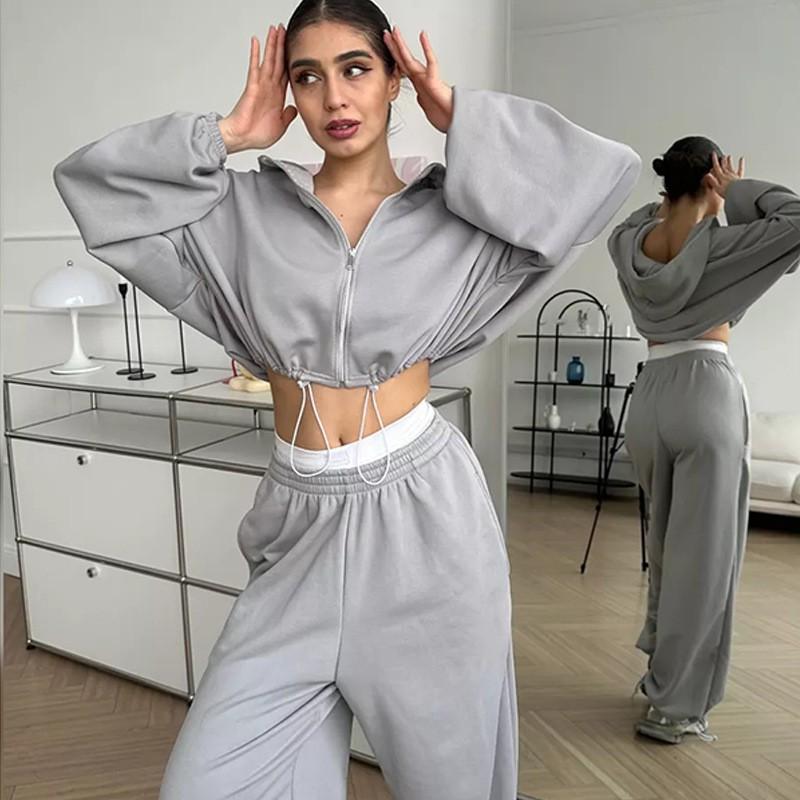 Womens Casual 2-Piece Set: Solid Color Long Sleeve Zip-Up Hooded Sweatshirt Elastic Waist Jogger Pants