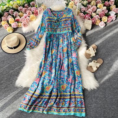 Thailand Travel Beat Ethnic Retro Big Swing Dress Bohemian Loose Floral Long Beach Holiday Dress Tassel Printing.