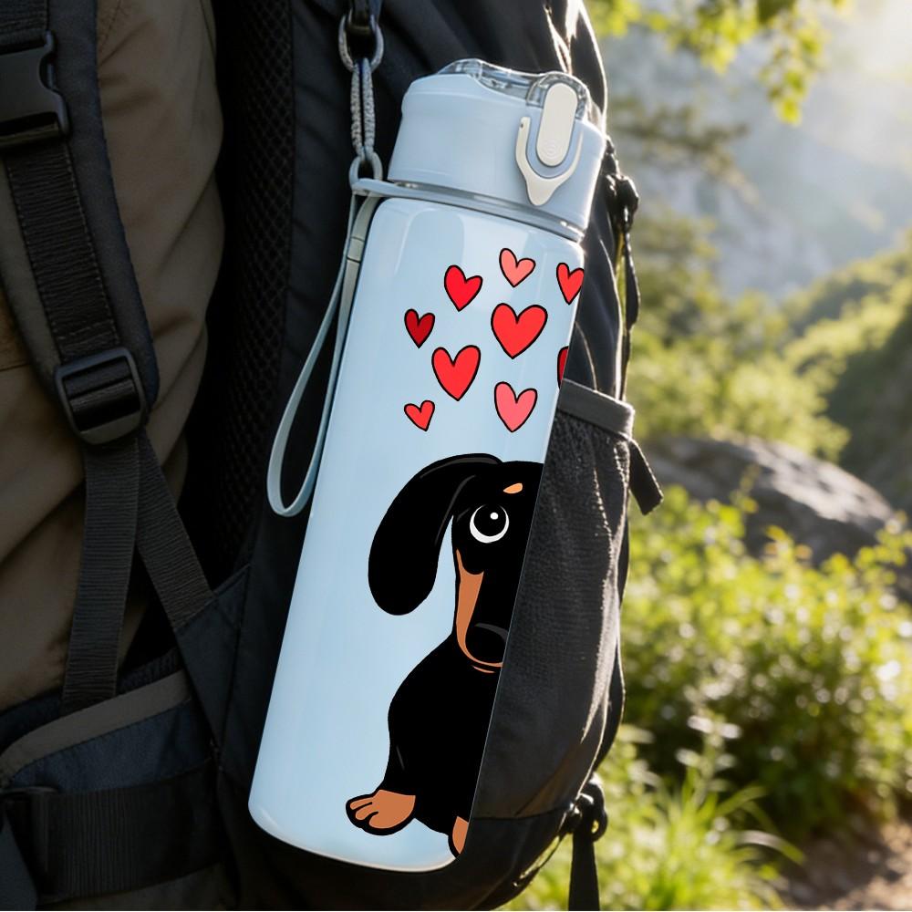 1PC Dachshund Dog With Heart Balloon Print 750ml Color Plastic Sports Water Bottle Leakproof Flip Straw Lid Suitable for Sports Office Home Use