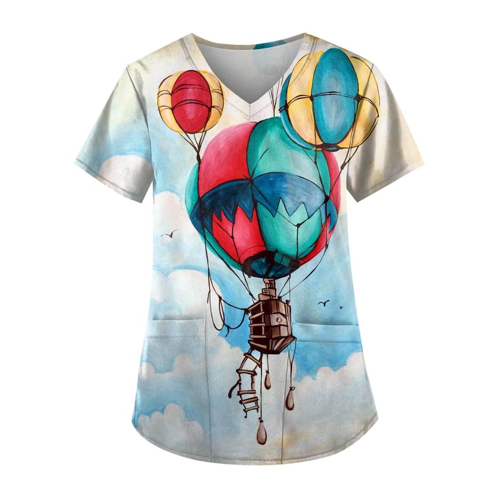 Kvinnors söta djur tryckta kortärmade V-ringade toppar Working Pocket Blus