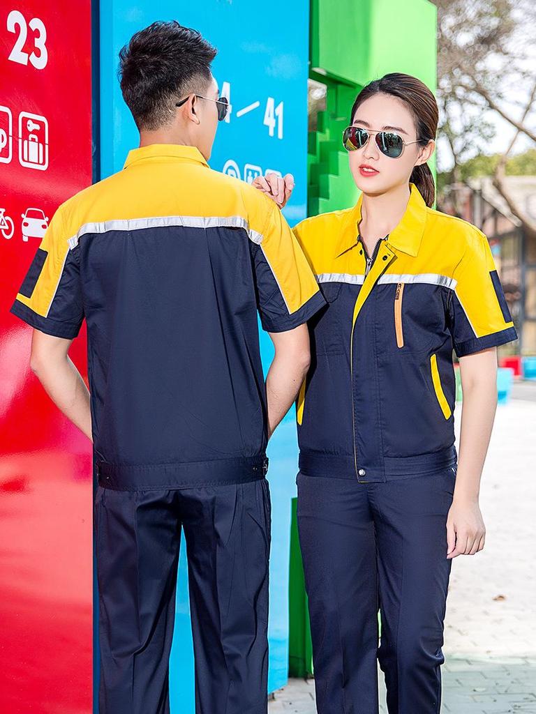 Summer Workwear Set: Lightweight Breathable Top & Embroidered Engineering Overalls for Auto Repair.