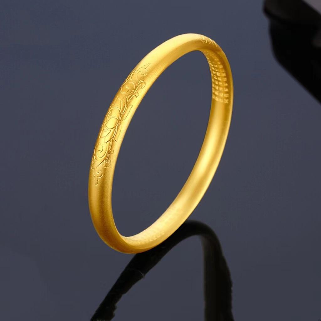 Позолоченный ретро-медный браслет для женщин - Дизайн с лотосом и сердцем, вьетнамское песочное золото, Сутра Сердца Lotus Heart Sutra Bangle 8mm (60mm)