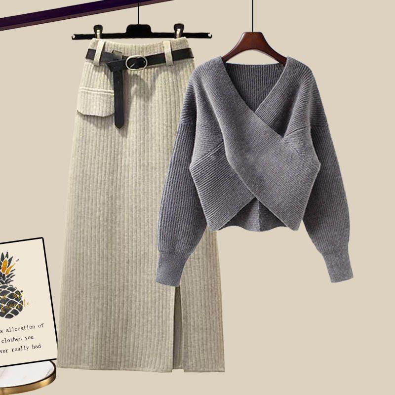 2pcs Women's Knit Skirt Suits Autumn Winter V-Neck Sweater Knit Pencil Skirt Two Piece Set Loose Pullover Sweater  Knit Top  SkirtOutfits