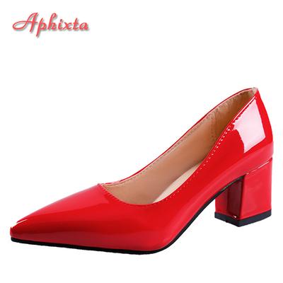 Móda Aphixta 5cm Čtvercové Podpatky Lakovaná Kůže Červené Lodičky Boty Žena Klasika Špičatá Špička Společenské Lodičky Párty Plus Size 49 50