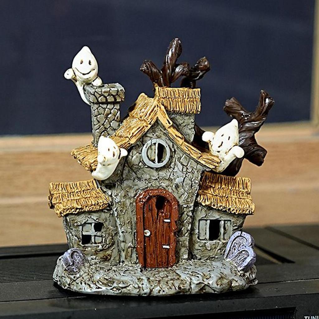 Haunted House Figurine Indoor Resin Halloween Room Decor 5.3Inch Glowing Figure Lighted Statue For Table Women Workplace Shelf