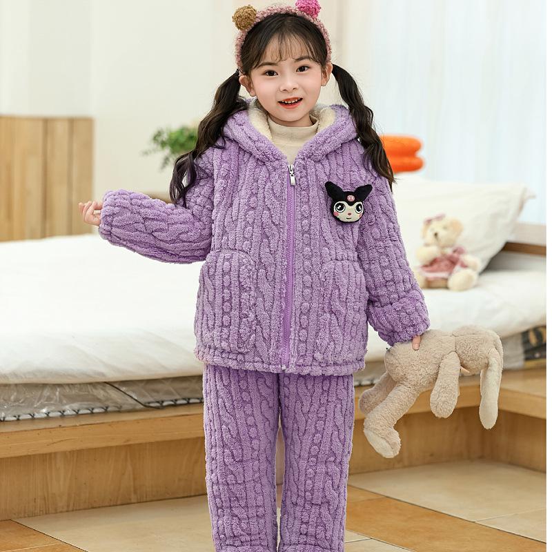 Girls' Cartoon Fleece-Lined Pajama Set - Warm Winter Wear for Babies & Kids