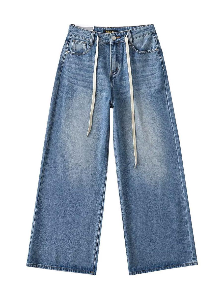 

High-Waist Drawstring Sash Straight-Leg Retro Jeans Extra Small джинсовый синий