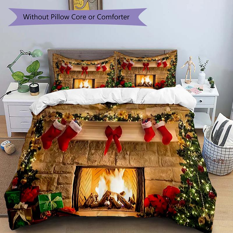 

3pcs Christmas Fireplace Decorations with Stockings and Presents Set Including One Comforter and Two Pillowcases (No Core) - Home Decor Accessories fo 135x200cm