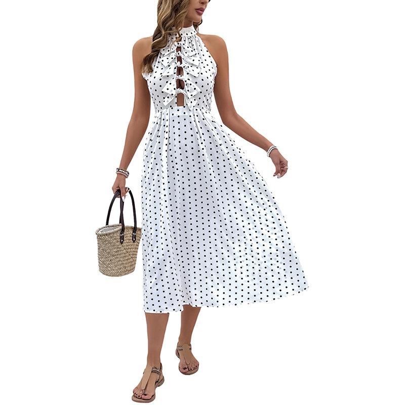 Fustă de navetă fără mâneci cu buline pentru femei, rochie cu șireturi cu dantelă în formă de fluture