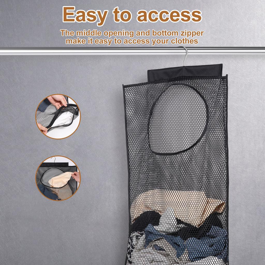Dirty Clothes Storage Bag Basket Foldable Laundry Basket Wall Hanging Household Clothing Organizer with Hook Bathroom Mesh