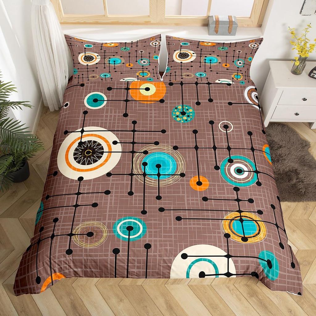 Cartoon Atomic Comforter Cover Modern Mid Century Bed Set, Geometric Polka Dots Duvet Cover Queen Hippie Abstract Bedding Sets