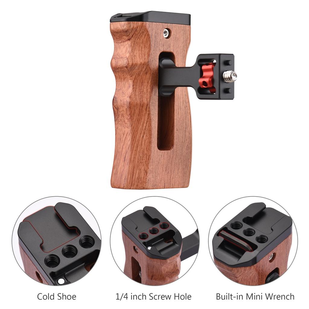 Adjustable Wooden Camera Cage Handle Left Right Side Hand Grip 1 4 Inch Screw  Style Mount with Cold Shoe Mount Mini