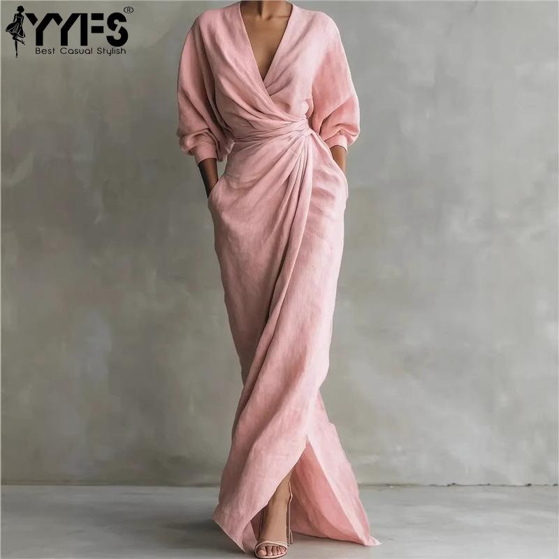 YYFS Mode femme été printemps couleur unie imprimé manches 3/4 col en v taille haute robes décontractées