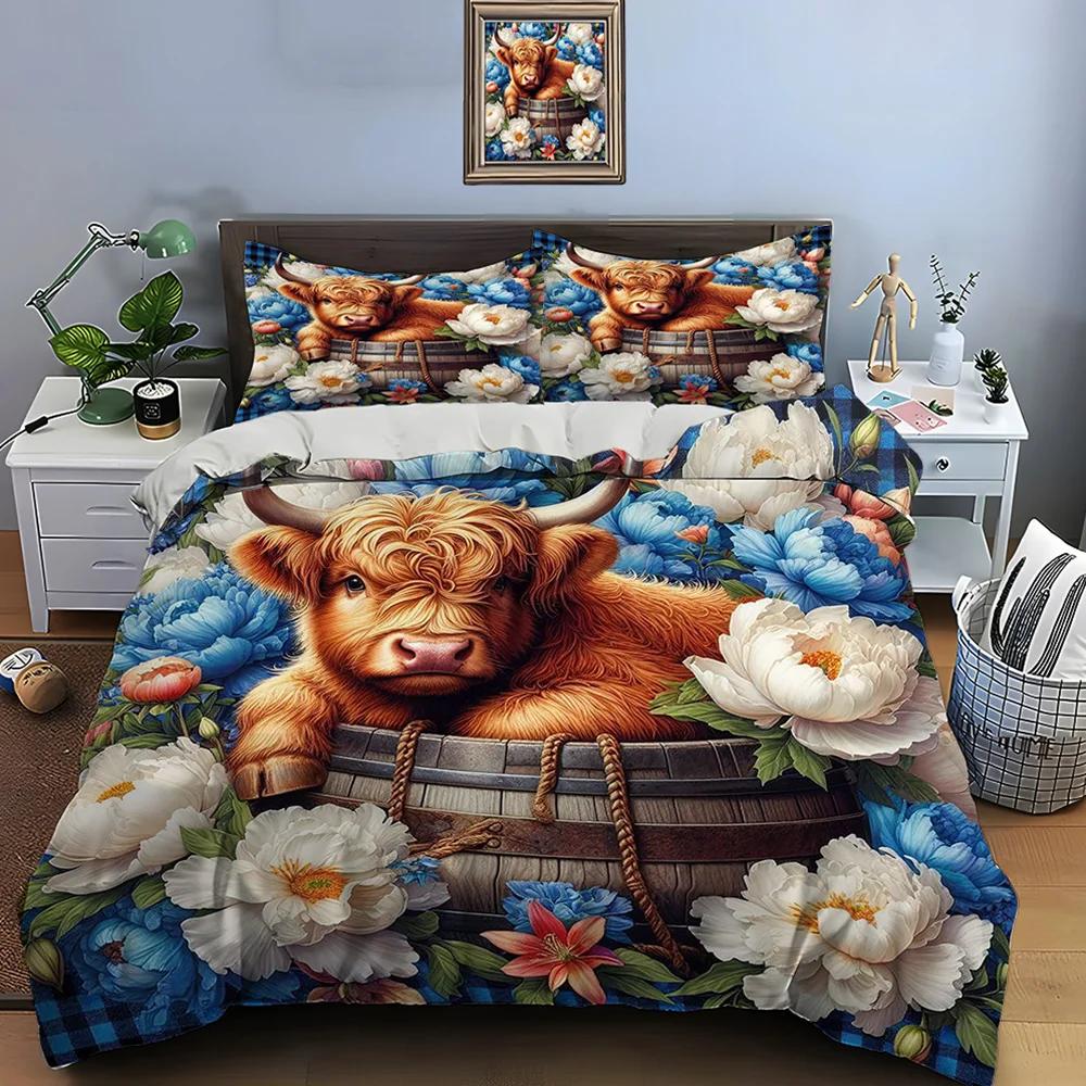 Highland Cattle Print Bedding Set Cute North American Duvet Cover 1 Duvet Cover 2 Pillowcases Adult and Kids Bedding Set Luxury