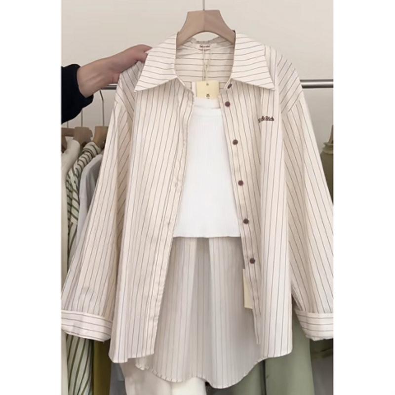 2024 Spring Women's Korean-Style Striped Shirt & Skirt with Suspenders (Three-Piece Set)